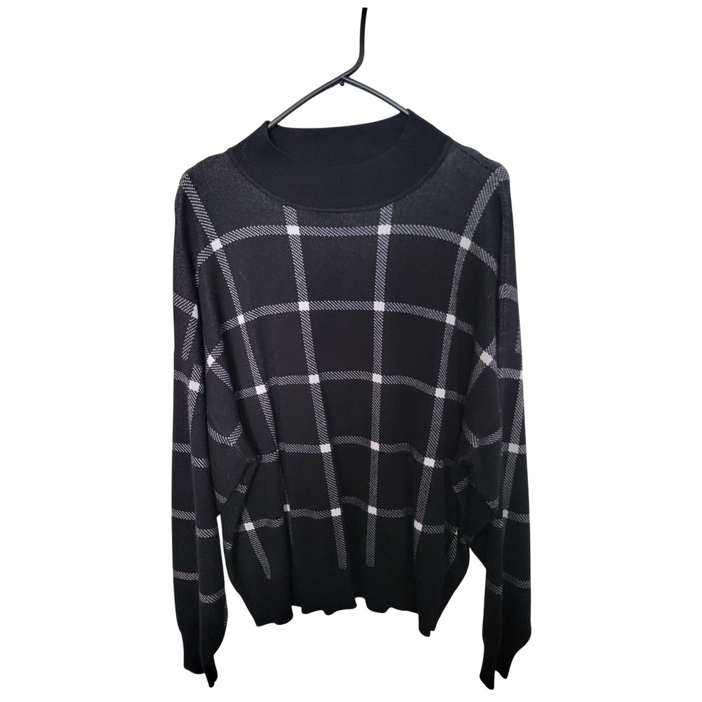 Eloquii Elements Sweater Womens 18/20 Black White Windowpane Grid Mock Neck Knit